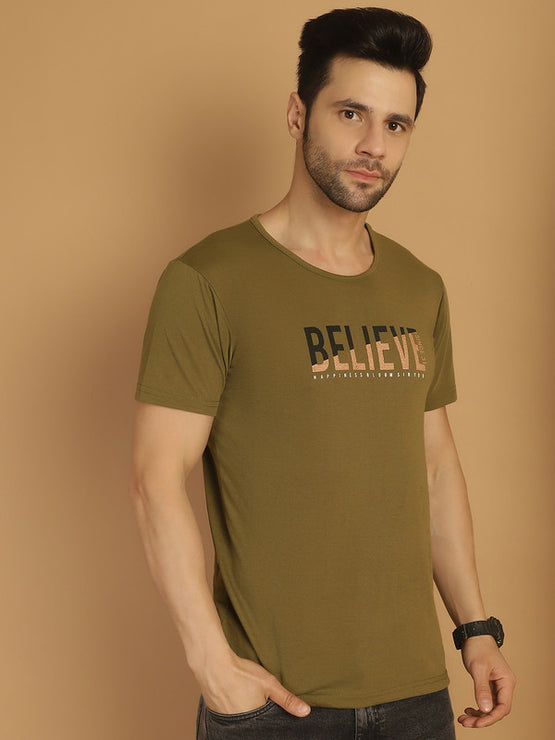 Mack Jonney Round Neck Cotton Printed Olive T-Shirt for Men