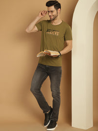 Mack Jonney Round Neck Cotton Printed Olive T-Shirt for Men