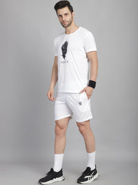Mack Jonney Printed  White Round Neck Cotton  Half sleeves Co-ord set Tracksuit For Men