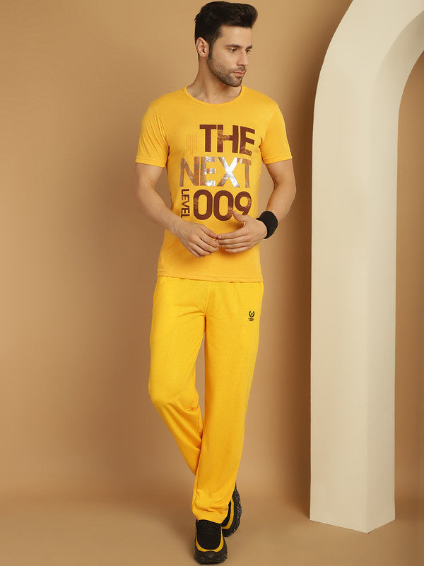 Mack Jonney Yellow Cotton Printed Co-ord Set Tracksuit For Men(Zip On 1 Side Pocket)