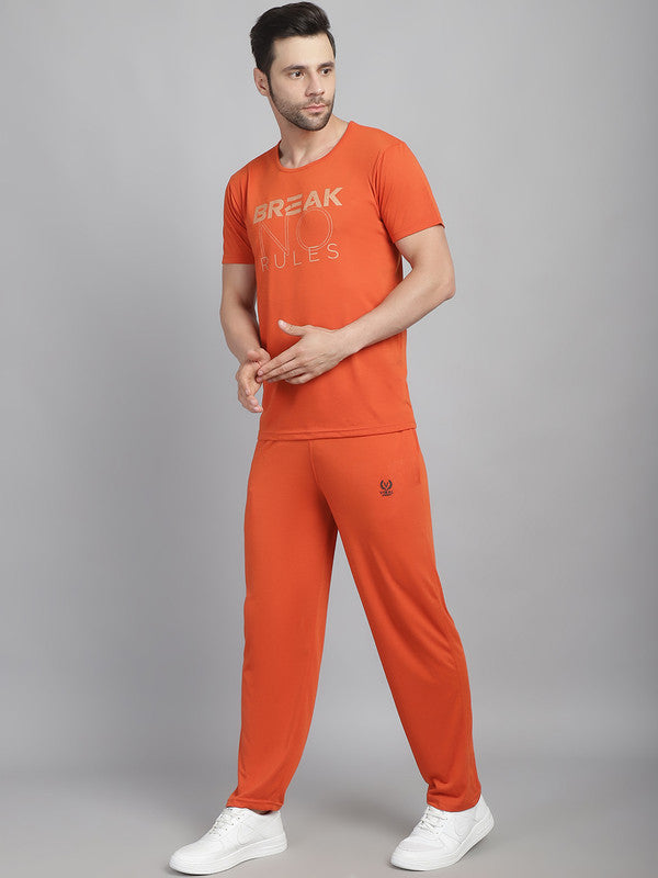 Mack Jonney Rust Cotton Printed Co-ord Set Tracksuit For Men(Zip On 1 Side Pocket)