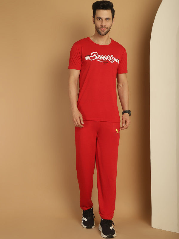 Mack Jonney Red Cotton Printed Co-ord Set Tracksuit For Men(Zip On 1 Side Pocket)