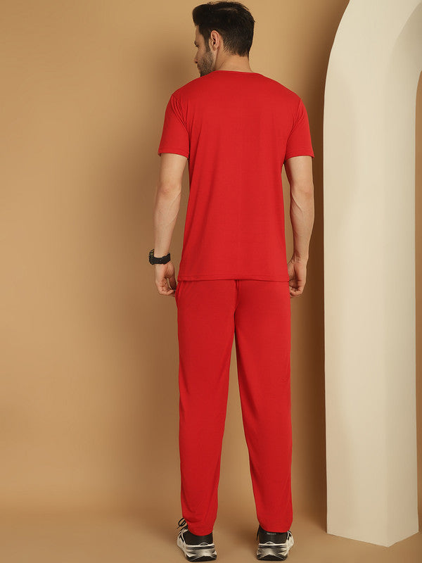 Mack Jonney Red Cotton Printed Co-ord Set Tracksuit For Men(Zip On 1 Side Pocket)