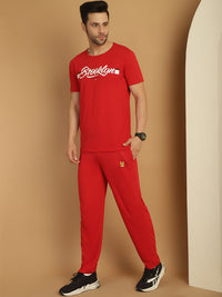 Mack Jonney Red Cotton Printed Co-ord Set Tracksuit For Men(Zip On 1 Side Pocket)