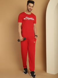 Mack Jonney Red Cotton Printed Co-ord Set Tracksuit For Men(Zip On 1 Side Pocket)