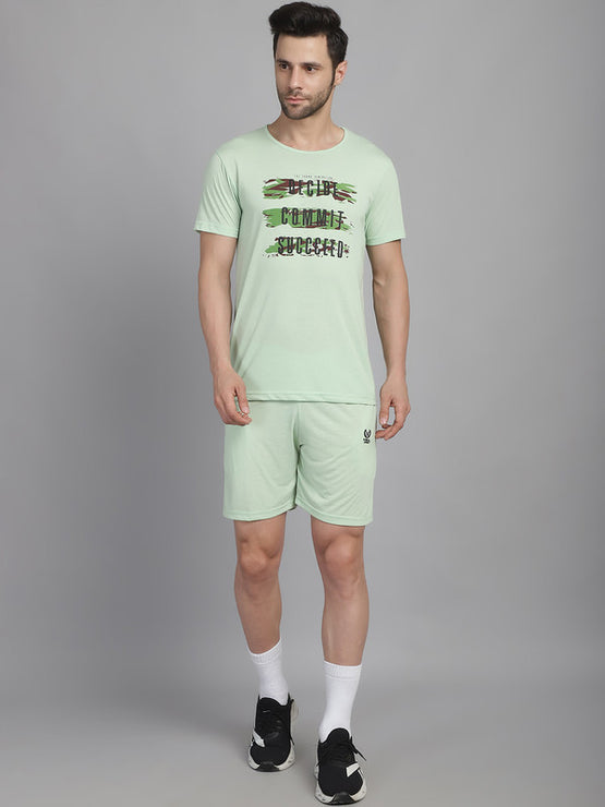 Mack Jonney Printed  Light Green Round Neck Cotton  Half sleeves Co-ord set Tracksuit For Men