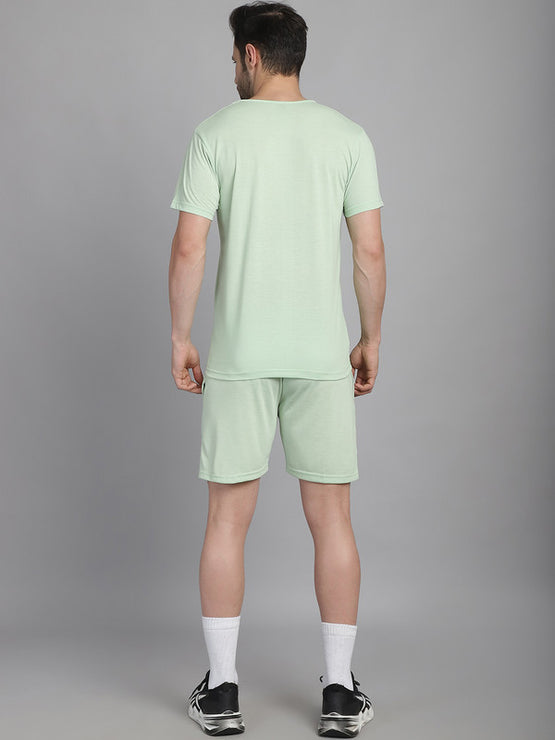 Mack Jonney Printed  Light Green Round Neck Cotton  Half sleeves Co-ord set Tracksuit For Men