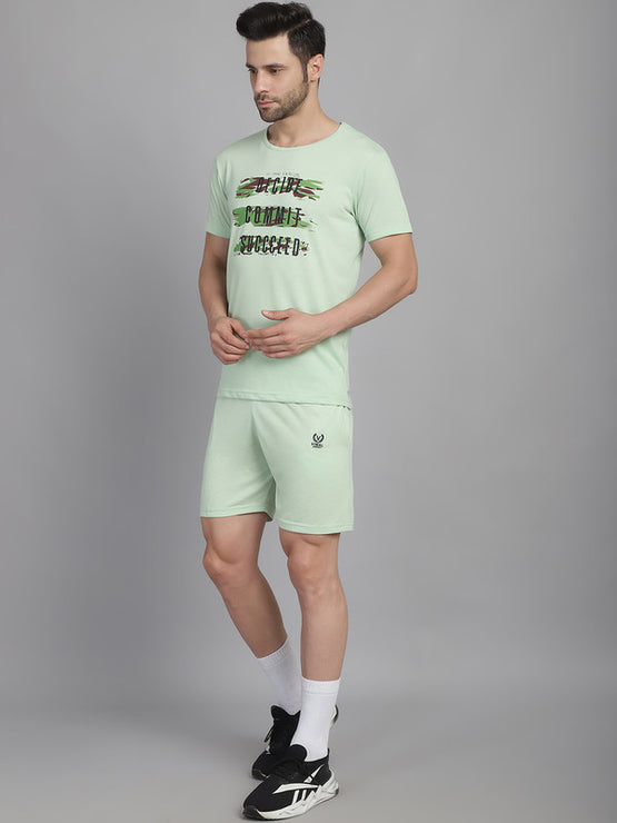 Mack Jonney Printed  Light Green Round Neck Cotton  Half sleeves Co-ord set Tracksuit For Men