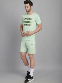 Mack Jonney Printed  Light Green Round Neck Cotton  Half sleeves Co-ord set Tracksuit For Men