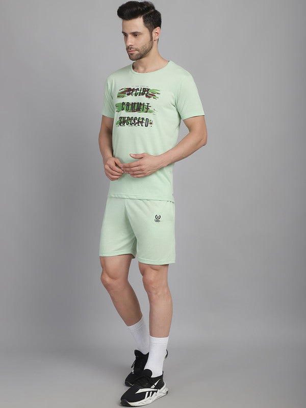 Mack Jonney Printed  Light Green Round Neck Cotton  Half sleeves Co-ord set Tracksuit For Men