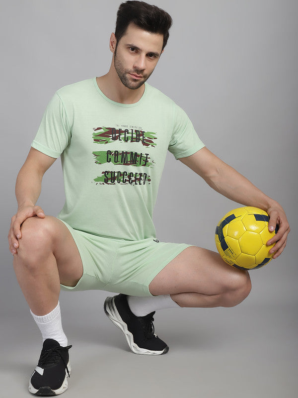 Mack Jonney Printed  Light Green Round Neck Cotton  Half sleeves Co-ord set Tracksuit For Men