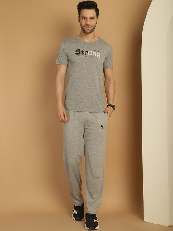 Mack Jonney Grey Melange Cotton Printed Co-ord Set Tracksuit For Men(Zip On 1 Side Pocket)