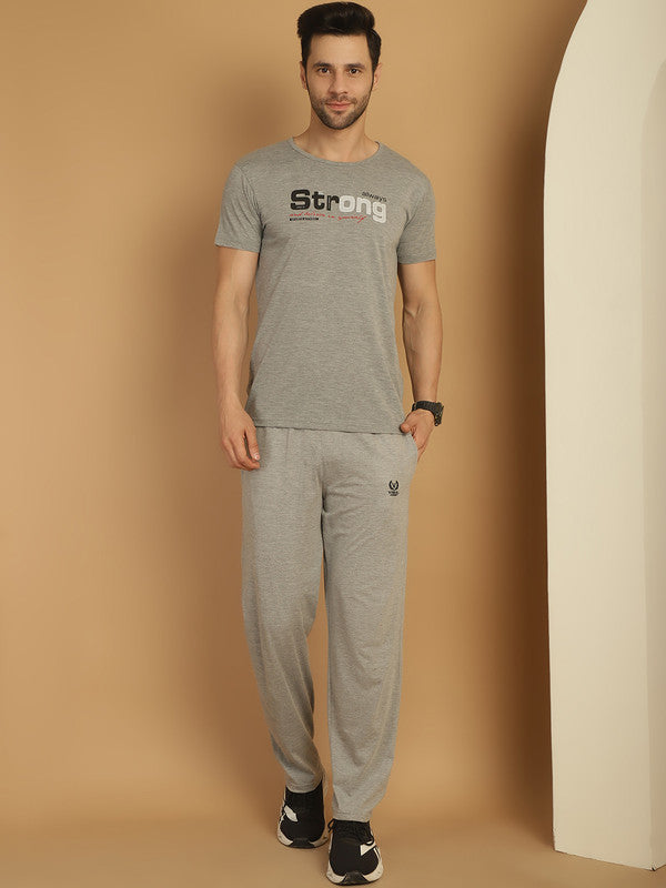 Mack Jonney Grey Melange Cotton Printed Co-ord Set Tracksuit For Men(Zip On 1 Side Pocket)