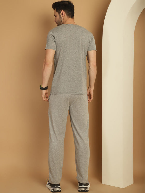 Mack Jonney Grey Melange Cotton Printed Co-ord Set Tracksuit For Men(Zip On 1 Side Pocket)