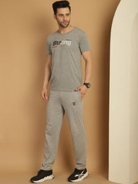 Mack Jonney Grey Melange Cotton Printed Co-ord Set Tracksuit For Men(Zip On 1 Side Pocket)