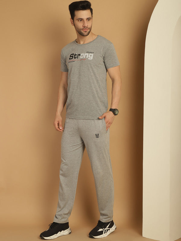 Mack Jonney Grey Melange Cotton Printed Co-ord Set Tracksuit For Men(Zip On 1 Side Pocket)