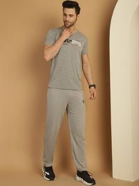 Mack Jonney Grey Melange Cotton Printed Co-ord Set Tracksuit For Men(Zip On 1 Side Pocket)