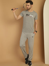 Mack Jonney Grey Melange Cotton Printed Co-ord Set Tracksuit For Men(Zip On 1 Side Pocket)