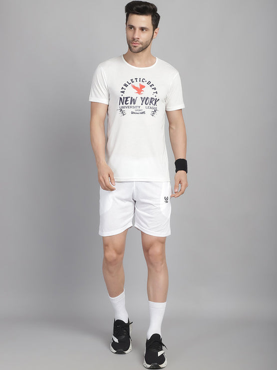 Mack Jonney Printed  White Round Neck Cotton  Half sleeves Co-ord set Tracksuit For Men