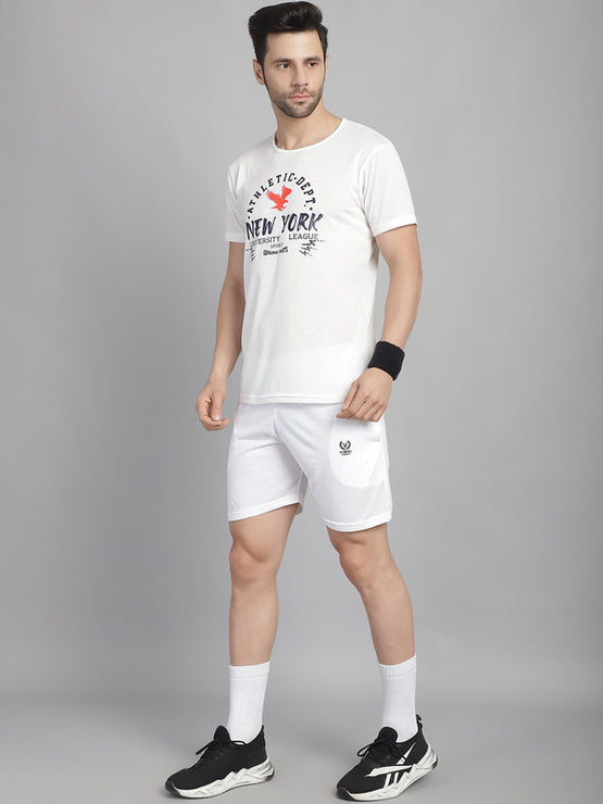 Mack Jonney Printed  White Round Neck Cotton  Half sleeves Co-ord set Tracksuit For Men