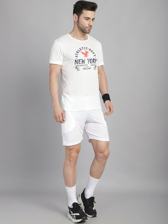 Mack Jonney Printed  White Round Neck Cotton  Half sleeves Co-ord set Tracksuit For Men