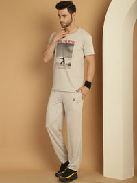 Mack Jonney Printed  Light Grey Round Neck Cotton  Half sleeves Co-ord set Tracksuit For Men