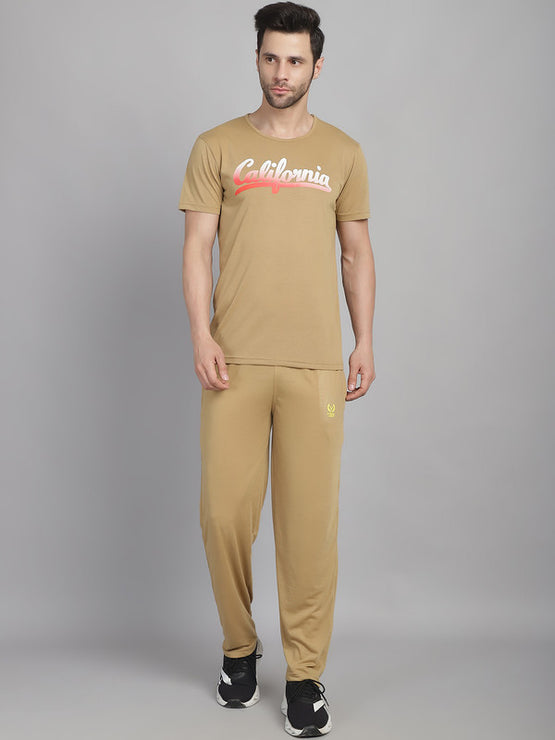 Mack Jonney Printed  Beige Round Neck Cotton  Half sleeves Co-ord set Tracksuit For Men