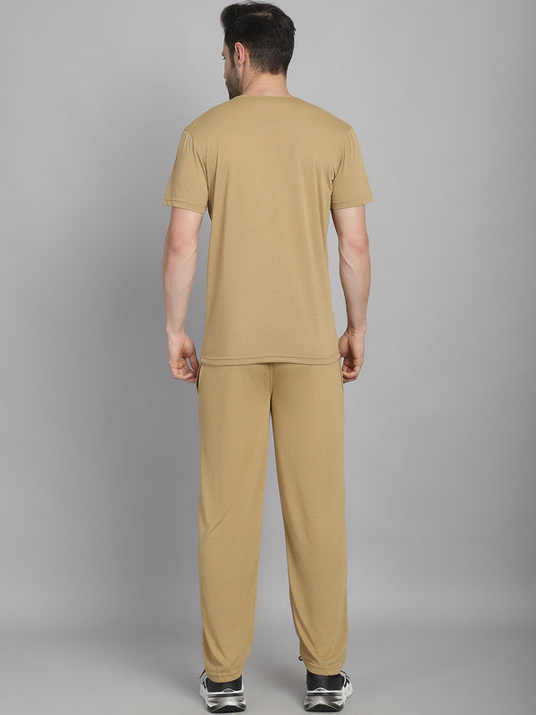 Mack Jonney Printed  Beige Round Neck Cotton  Half sleeves Co-ord set Tracksuit For Men
