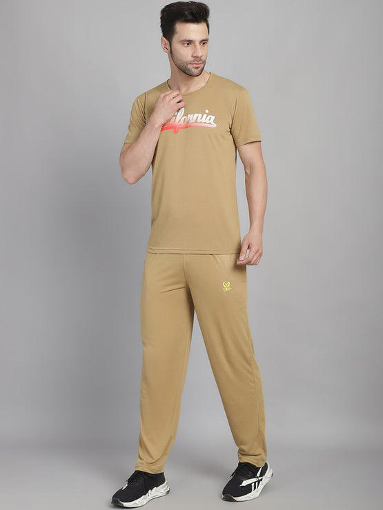 Mack Jonney Printed  Beige Round Neck Cotton  Half sleeves Co-ord set Tracksuit For Men
