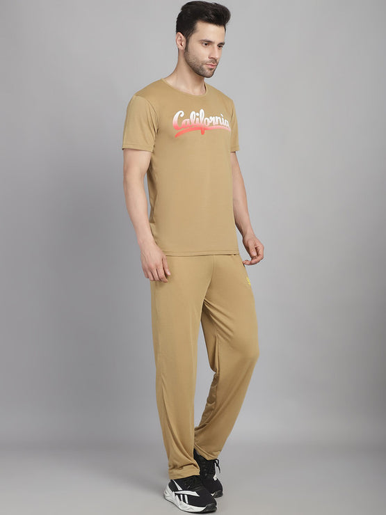 Mack Jonney Printed  Beige Round Neck Cotton  Half sleeves Co-ord set Tracksuit For Men
