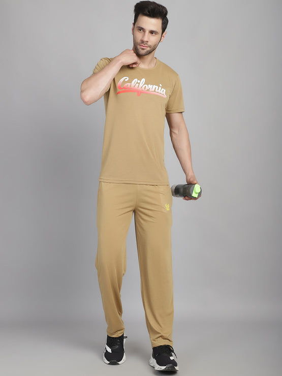Mack Jonney Printed  Beige Round Neck Cotton  Half sleeves Co-ord set Tracksuit For Men