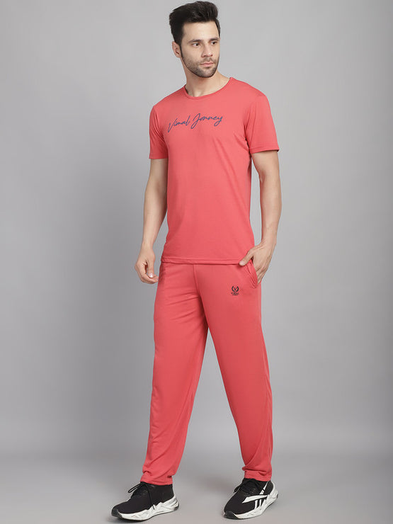 Mack Jonney Logo Print  Pink Round Neck Cotton  Half sleeves Co-ord set Tracksuit For Men