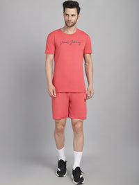 Mack Jonney Logo Print  Pink Round Neck Cotton  Half sleeves Co-ord set Tracksuit For Men