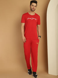 Mack Jonney Logo Print  Red Round Neck Cotton  Half sleeves Co-ord set Tracksuit For Men