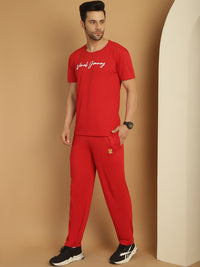 Mack Jonney Logo Print  Red Round Neck Cotton  Half sleeves Co-ord set Tracksuit For Men