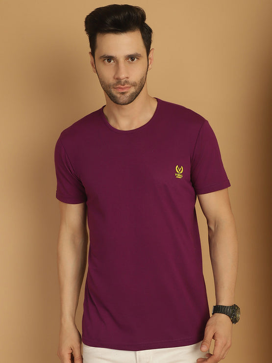 Mack Jonney Round Neck Cotton Solid Purple T-Shirt for Men