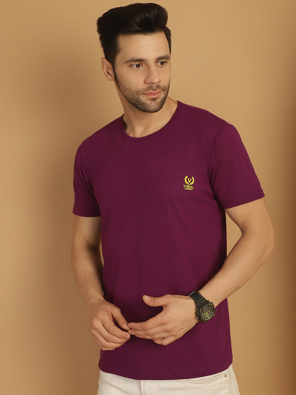 Mack Jonney Round Neck Cotton Solid Purple T-Shirt for Men