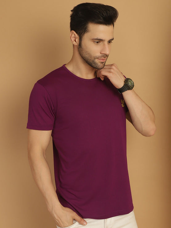 Mack Jonney Round Neck Cotton Solid Purple T-Shirt for Men