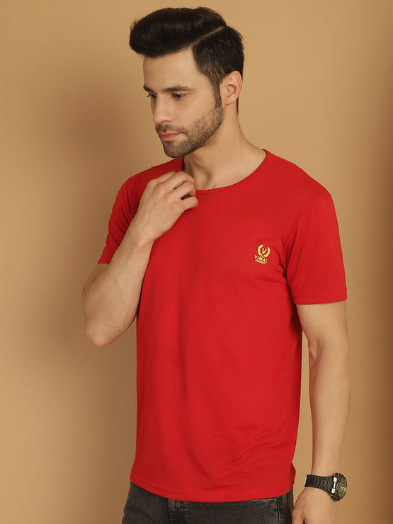 Mack Jonney Round Neck Cotton Solid Red T-Shirt for Men