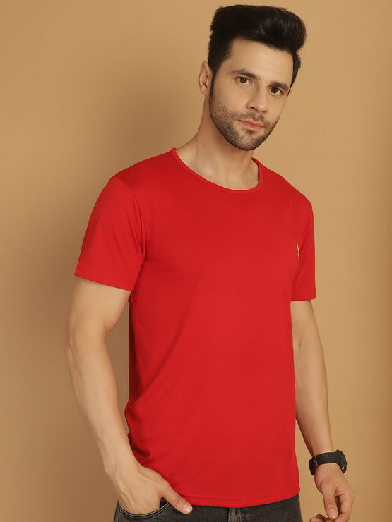 Mack Jonney Round Neck Cotton Solid Red T-Shirt for Men