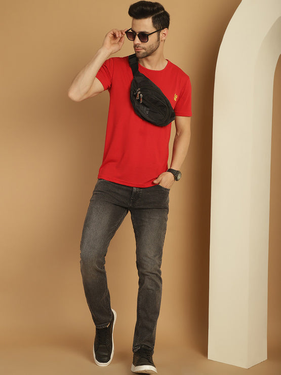 Mack Jonney Round Neck Cotton Solid Red T-Shirt for Men