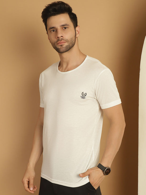 Mack Jonney Round Neck Cotton Solid White T-Shirt for Men