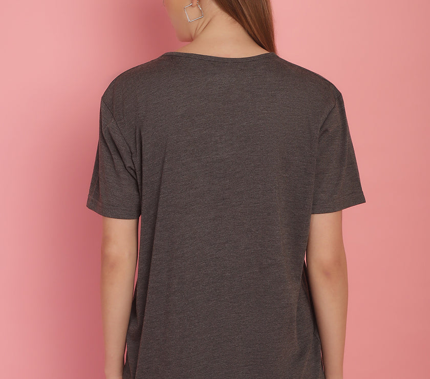 Mack Jonney Round Neck Cotton Solid Anthracite T-Shirt for Women