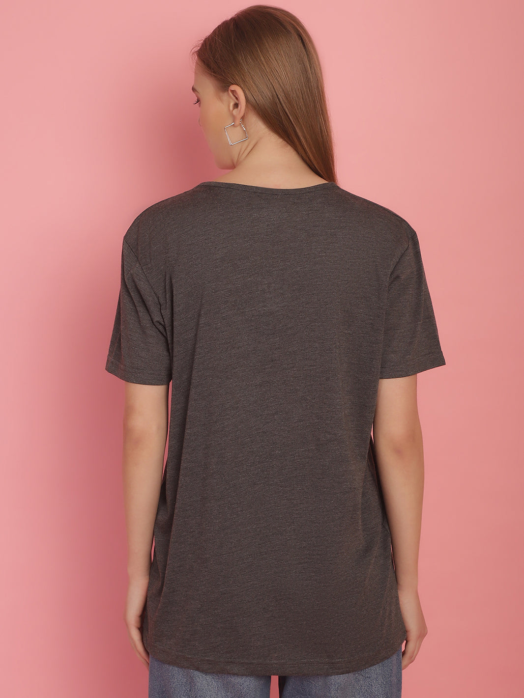 Mack Jonney Round Neck Cotton Solid Anthracite T-Shirt for Women