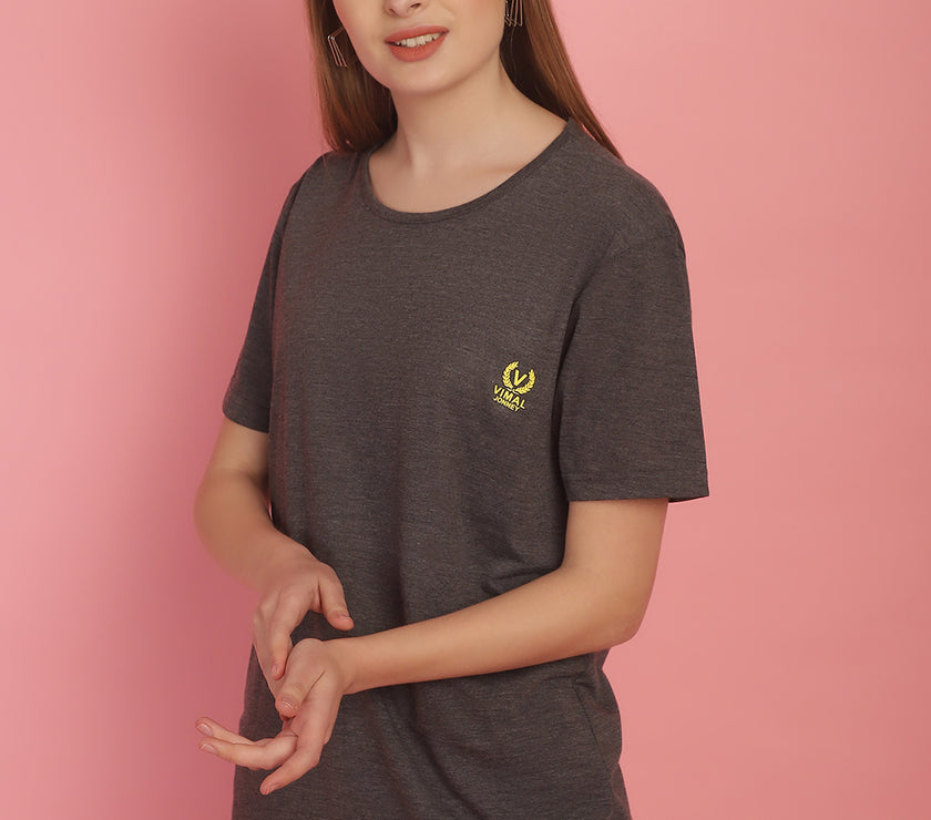 Mack Jonney Round Neck Cotton Solid Anthracite T-Shirt for Women