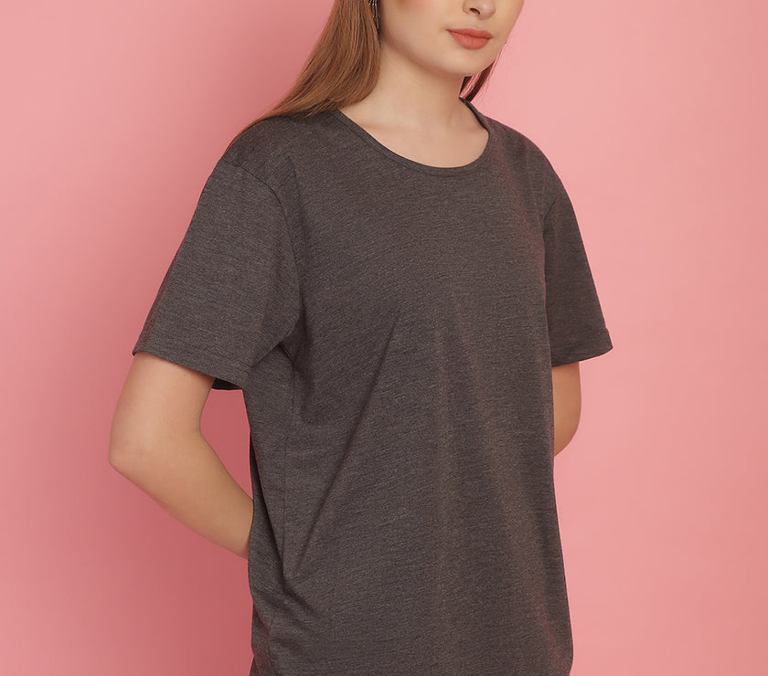 Mack Jonney Round Neck Cotton Solid Anthracite T-Shirt for Women