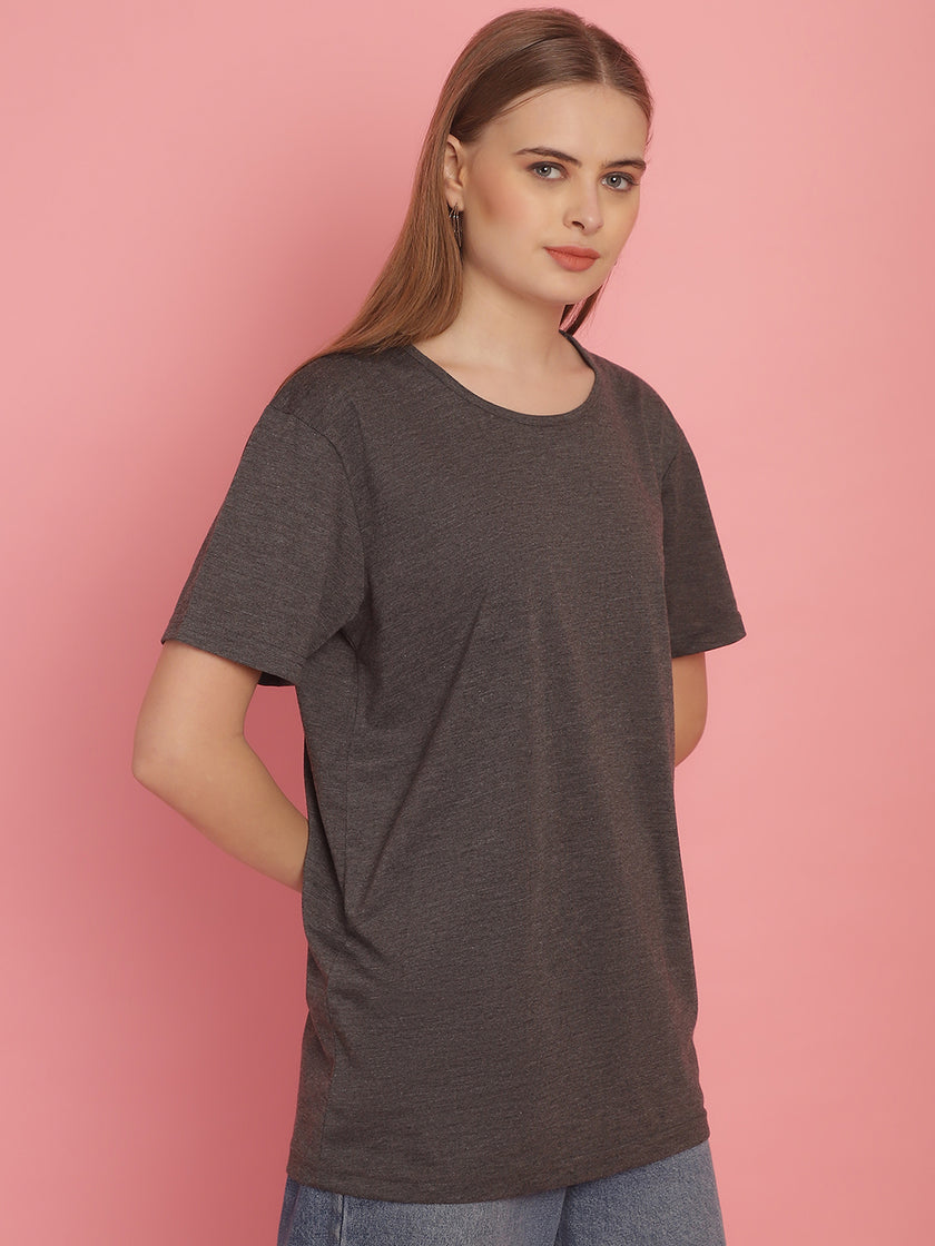 Mack Jonney Round Neck Cotton Solid Anthracite T-Shirt for Women