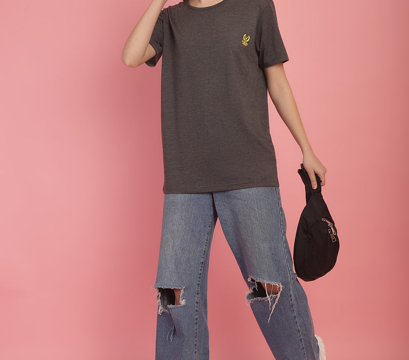 Mack Jonney Round Neck Cotton Solid Anthracite T-Shirt for Women