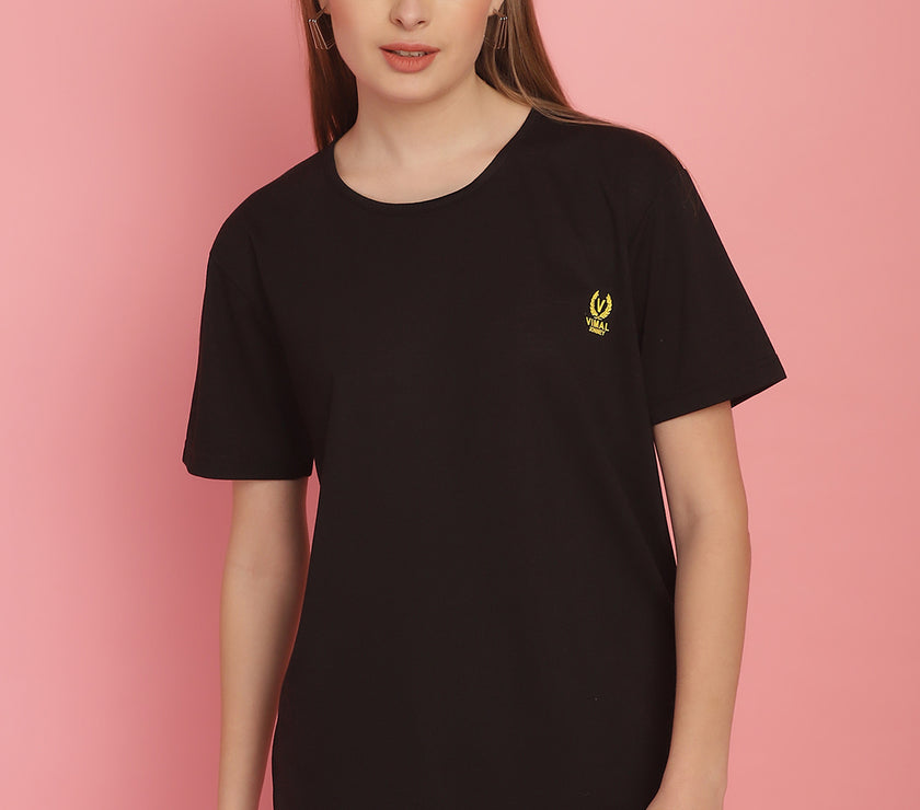 Mack Jonney Round Neck Cotton Solid Black T-Shirt for Women