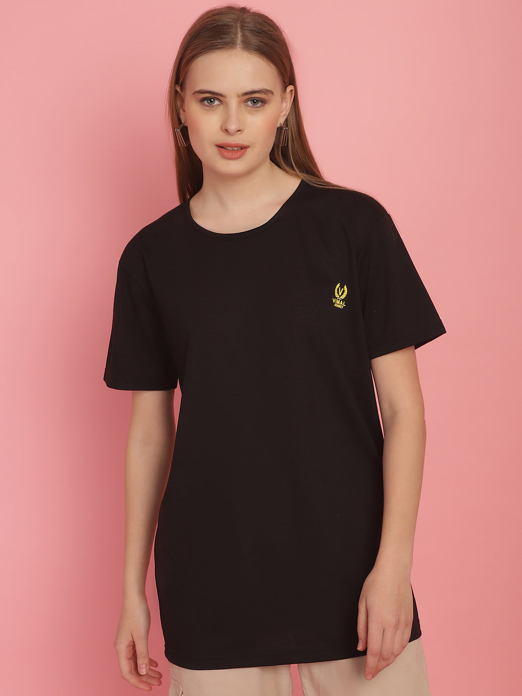 Mack Jonney Round Neck Cotton Solid Black T-Shirt for Women